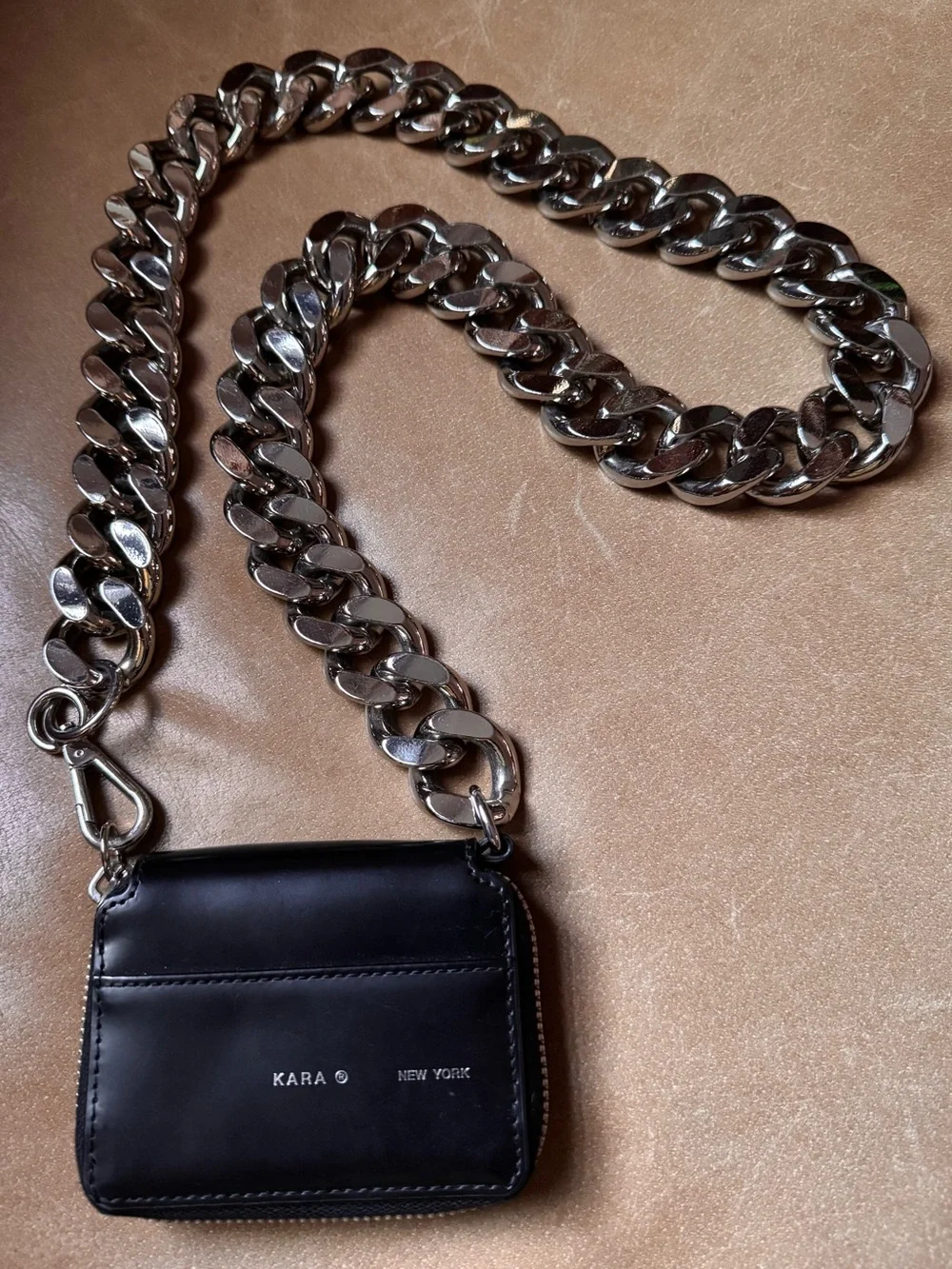 Kara New York Bike Wallet Black Leather Chunky Silver curb Chain Crossbody Bag - Picture 1 of 16